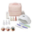 Nail care kit with pink carrying case, nail polish bottles, lamp, and tools on a white background