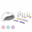 Nail polish set with a lamp, nail files, and nail polish bottles on a white background