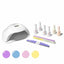 Nail polish set with a lamp, nail files, and color swatches on a white background
