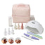 Nail care kit with pink carrying case, nail polish bottles, lamp, and tools on a white background.